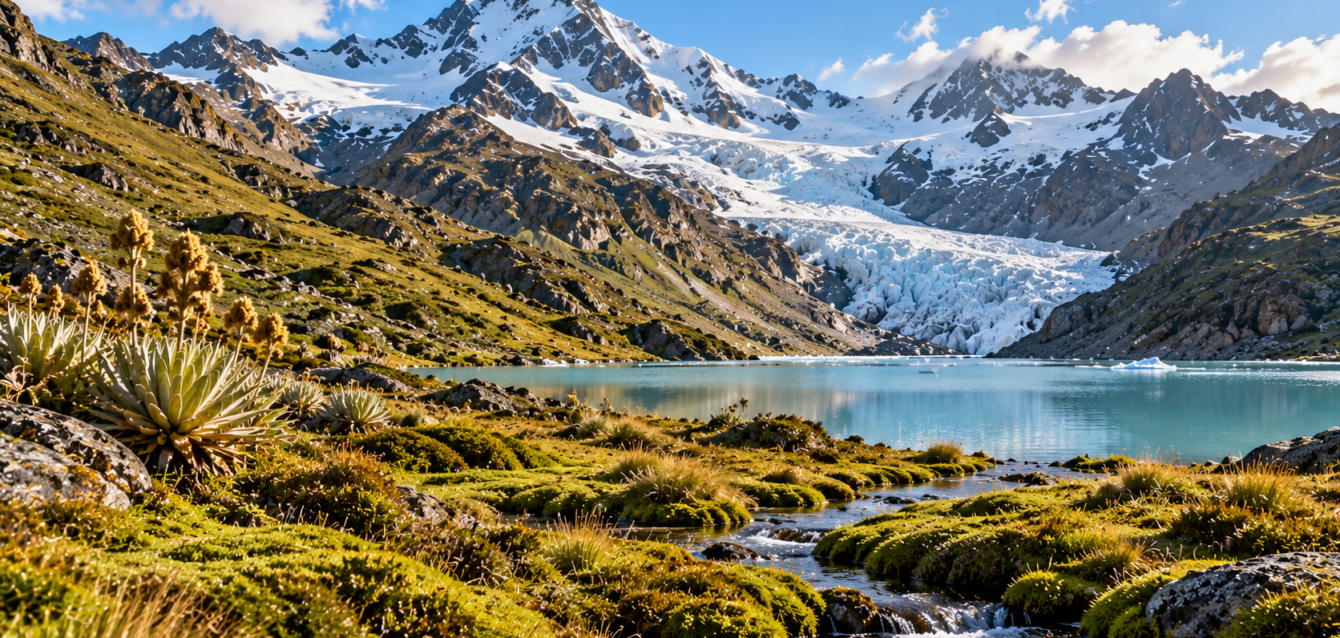 Valle alpino con glaciar y lago turquesa